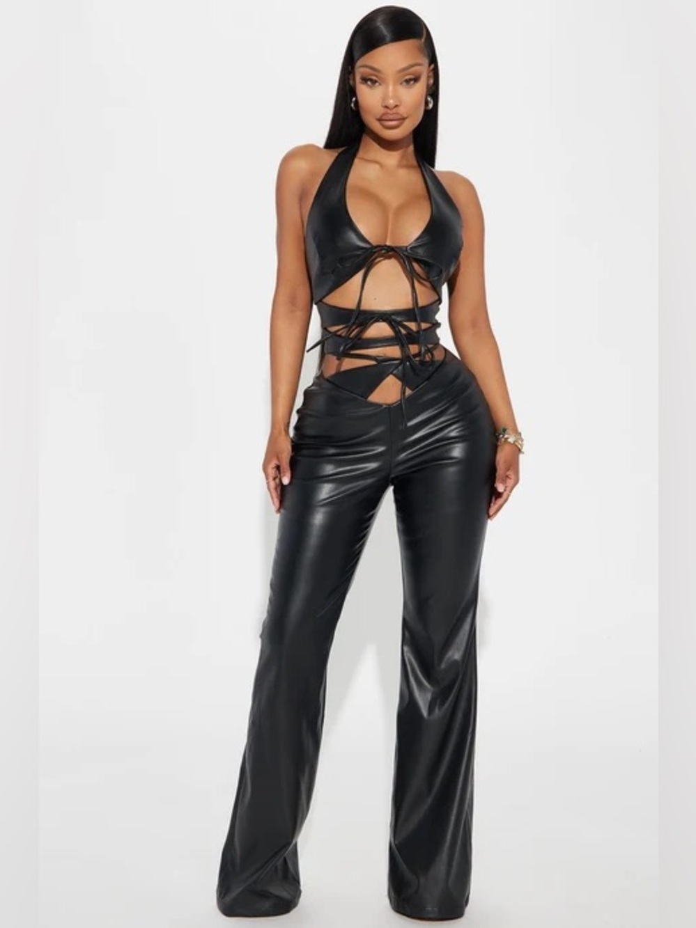 Fashion Nova Super Down Faux Leather Lace-Up Halter Jumpsuit - Black
